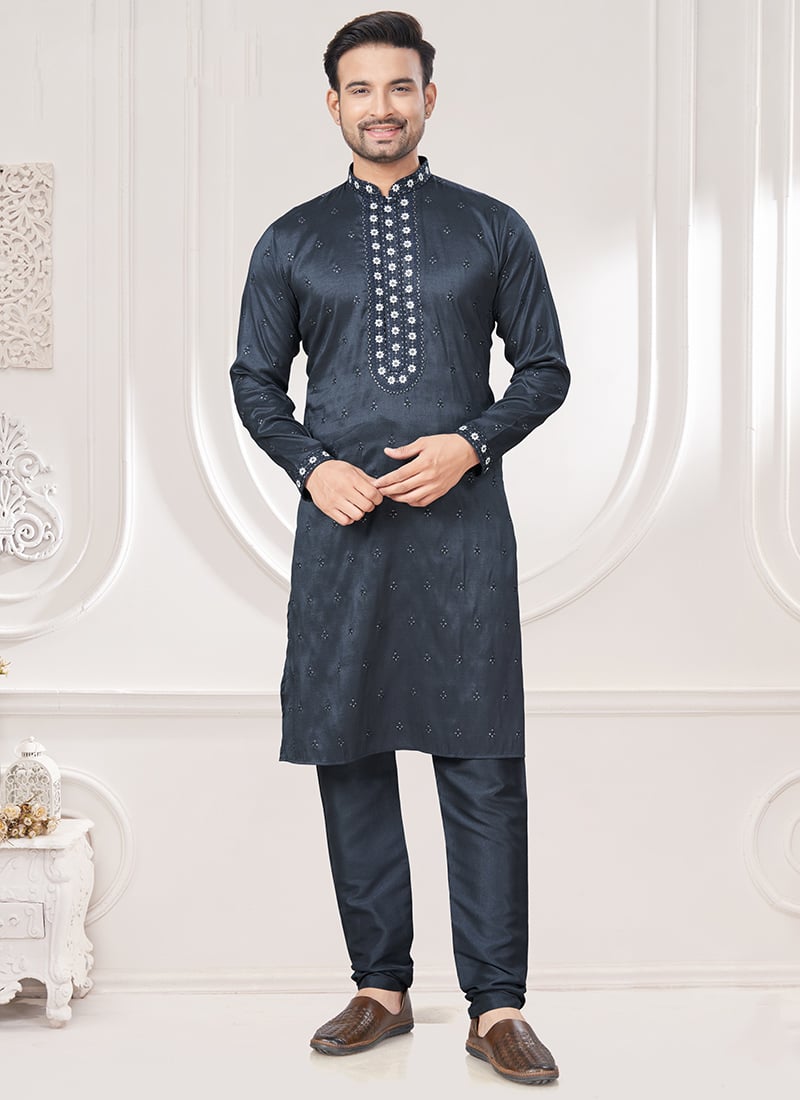 Classy Grey Silk Embroidered Sequins Kurta Pyjama Festive Wear