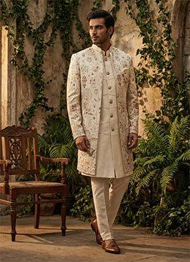 Classy Ivory Silk Sequins Embroidered Indowestern Sherwani Set