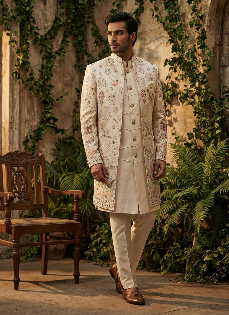 Classy Ivory Silk Sequins Embroidered Indowestern Sherwani Set Wedding Wear