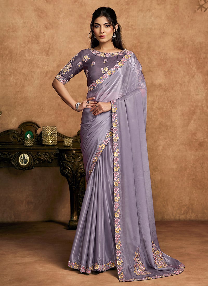 Classy Light Purple Crepe Satin Embroidered Stone Beads Sequins Zari Saree Wedding Wear