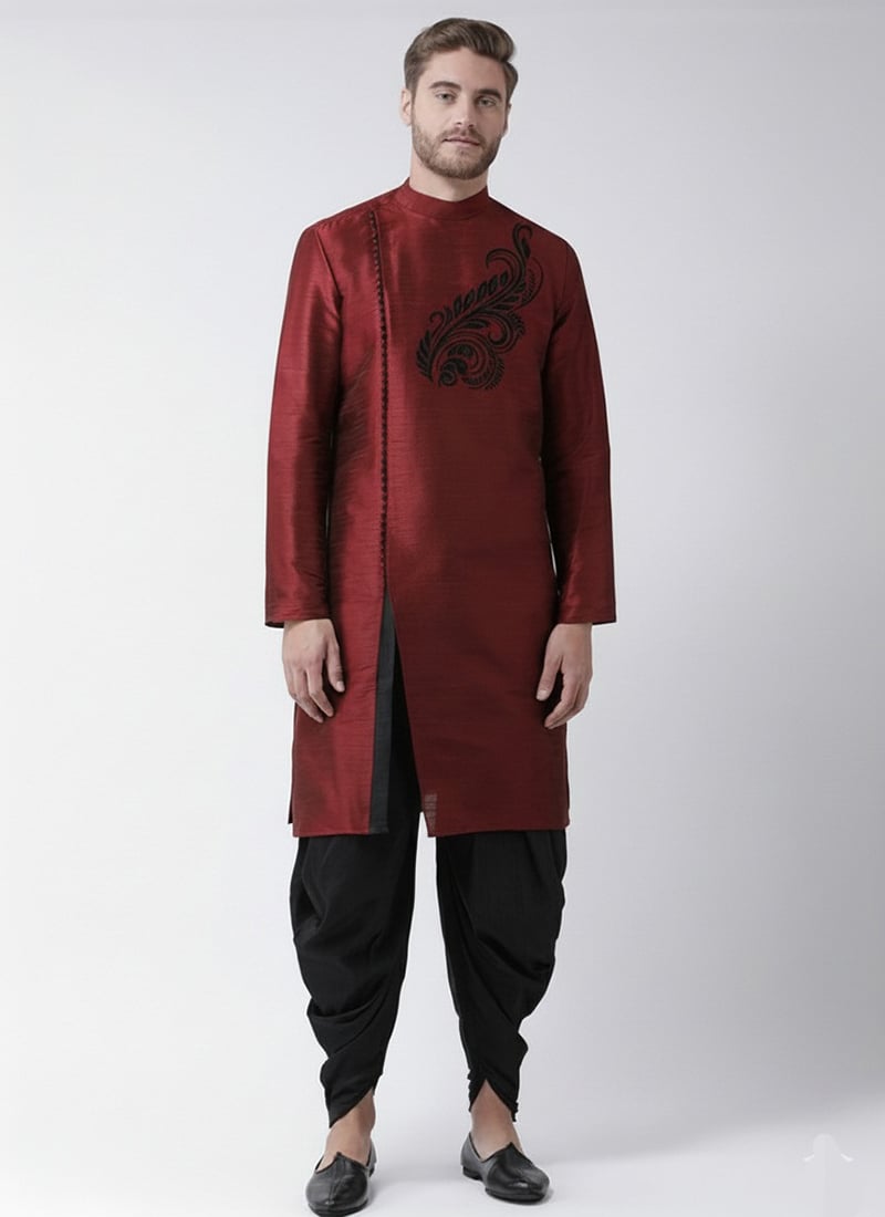 Classy Maroon Dupion Silk Embroidered Kurta Pyjama Festive Wear