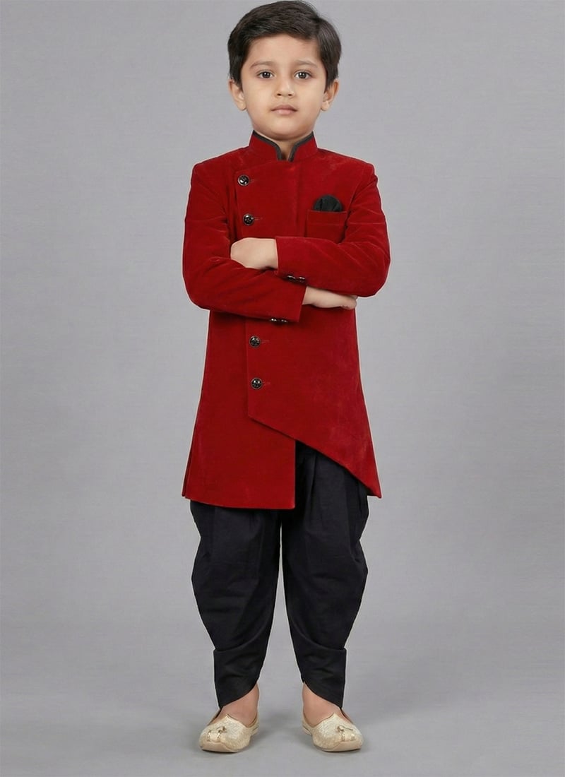 Classy Maroon Dupion Silk Kids Boys Indowestern Sherwani Festive Wear
