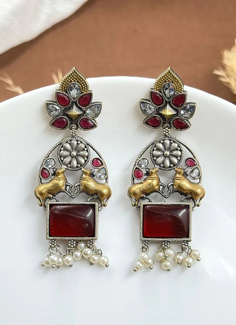 Classy Maroon Kundan Beaded Motif Dangler Earrings Festive Wear