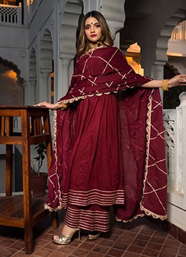 Classy Maroon Pure Cotton Gota Anarkali Suit With Dupatta
