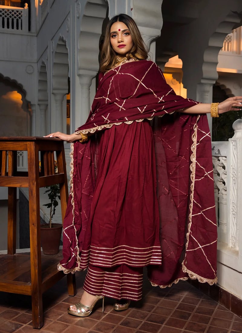 Classy Maroon Pure Cotton Gota Anarkali Suit With Dupatta After Six Wear