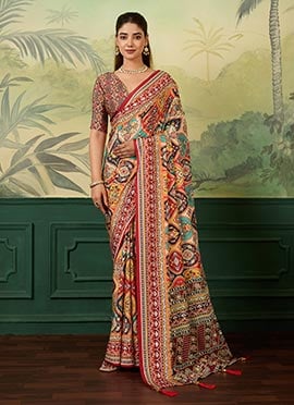 Classy Multicolor Crepe Silk Digital Print Mirror Work Saree
