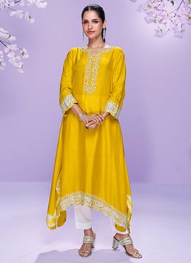 Classy Mustard A Line Silk Kurta Pant Set With Embroidery And Sequins