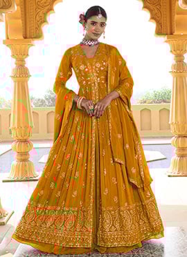 Classy Mustard Embroidered Sequins Chinon Anarkali Lehenga