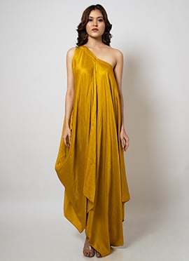 Classy Mustard Pure Silk One Shoulder Dress