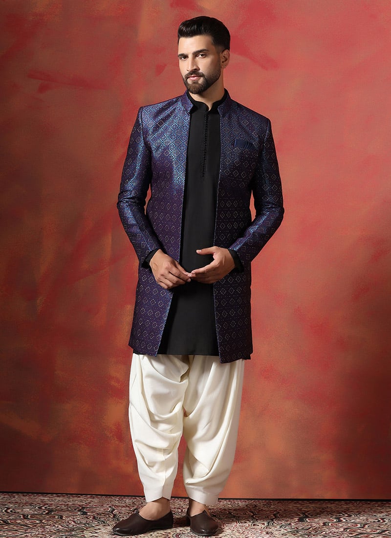 Classy Navy Blue Jacquard Embroidered Indowestern  Sherwani Patiala Set Wedding Wear