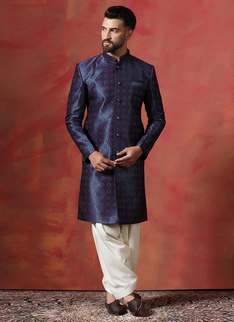 Classy Navy Blue Jacquard Embroidered Indowestern Sherwani Set Wedding Wear