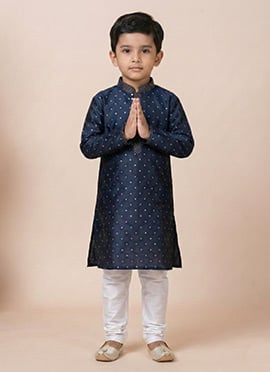Classy Navy Blue Jacquard Silk Kids Boys Kurta Pyjama
