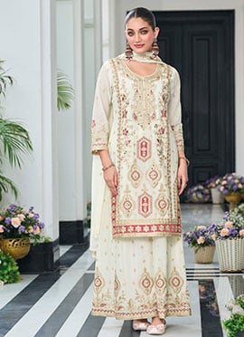 Classy Off White Chinon Embroidered Sequins Pakistani Palazzo Suit