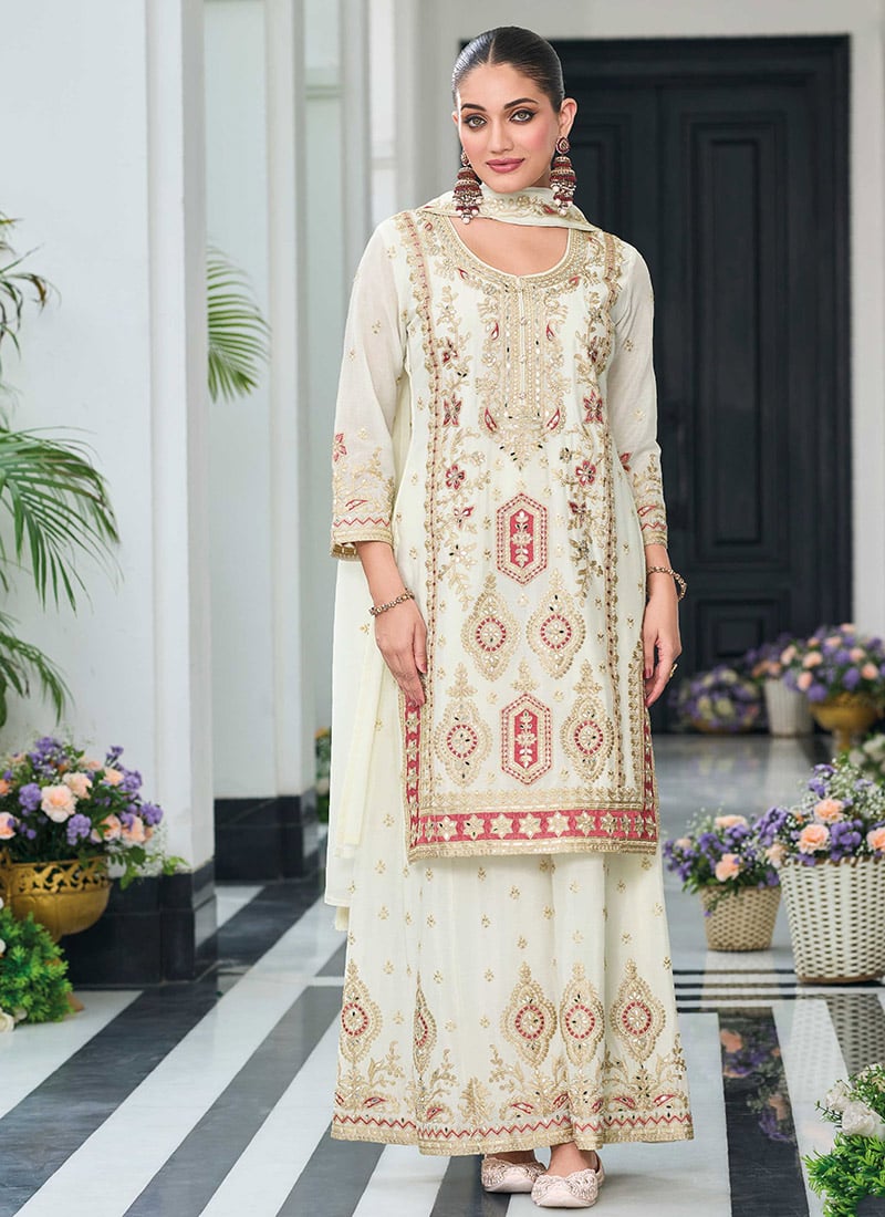 Classy Off White Chinon Embroidered Sequins Pakistani Palazzo Suit Festive Wear