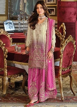 Classy Off White Chinon Mirror Work Pakistani Palazzo Suit