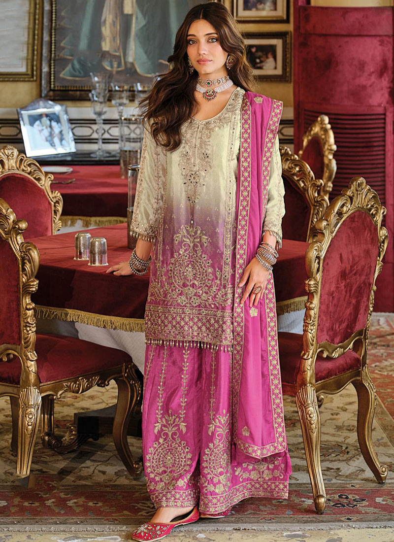 Classy Off White Chinon Mirror Work Pakistani Palazzo Suit Festive Wear
