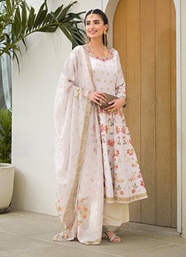 Classy Off White Jam Silk Digital Foil Print Anarkali Suit