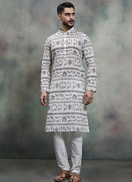 Classy Off White Khadi Cotton Moubani Print Kurta Pyjama