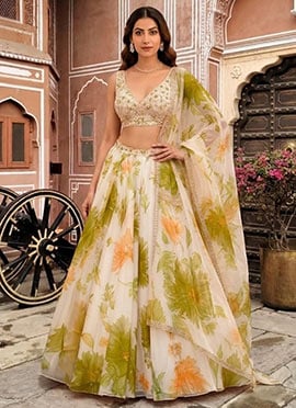 Classy Off White Organza Beads Resham Hand Embroidered Digital Print Lehenga
