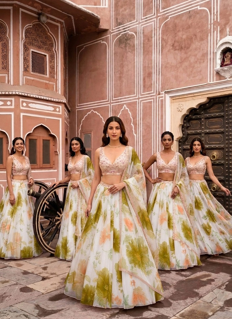 Classy Off White Organza Beads Resham Hand Embroidered Digital Print Lehenga Wedding Wear