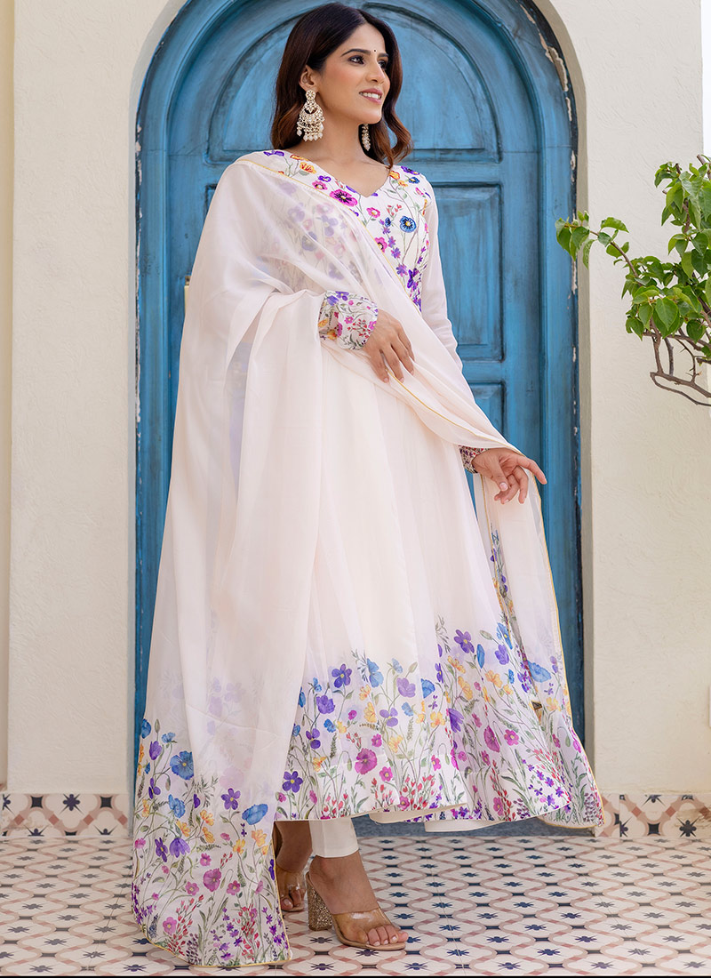 Classy Off White Organza Hand Embroidered Cutdana Anarkali Suit Festive Wear