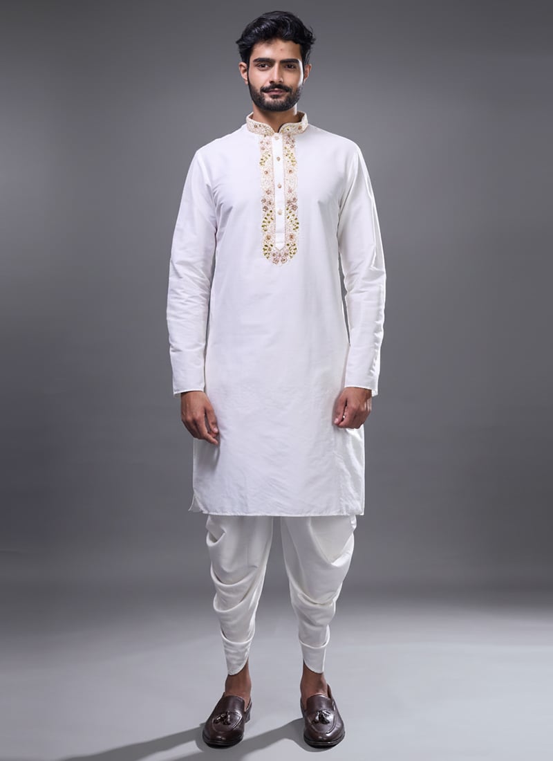 Classy Off White Silk Embroidered Kurta Pyjama Festive Wear