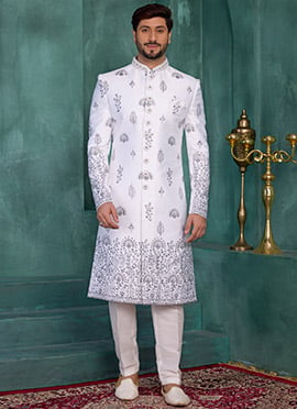 Classy Off White Silk Sequins Embroidered Indowestern Sherwani