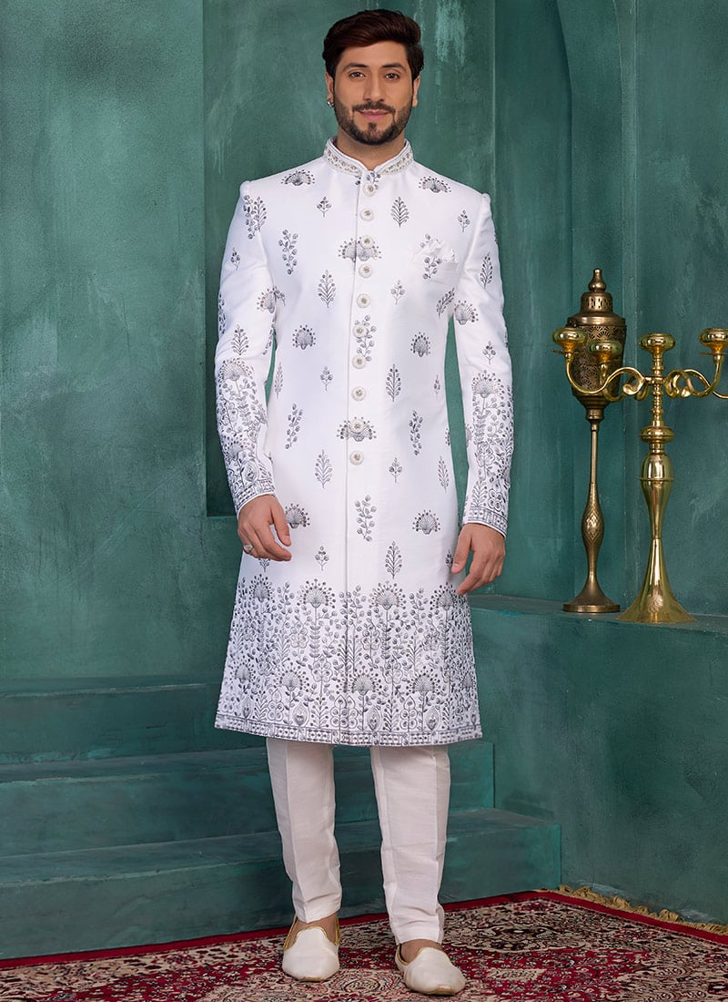 Classy Off White Silk Sequins Embroidered Indowestern Sherwani Wedding Wear