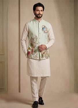 Classy Off White Viscose With Embroidered Waist Coat Kurta Pyjama Set