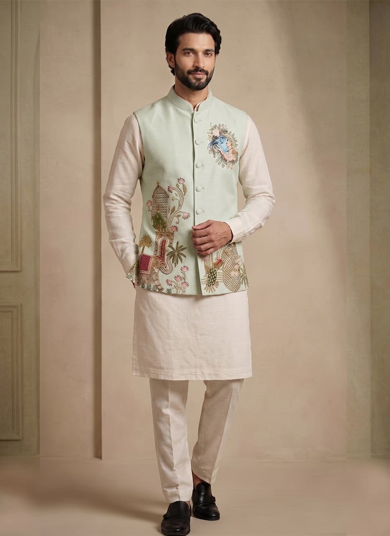 Classy Off White Viscose With Embroidered Waist Coat Kurta Pyjama Set Festive Wear