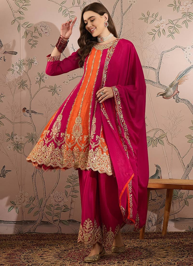 Classy Pink Chinon Embroidered Pakistani Palazzo Suit Festive Wear