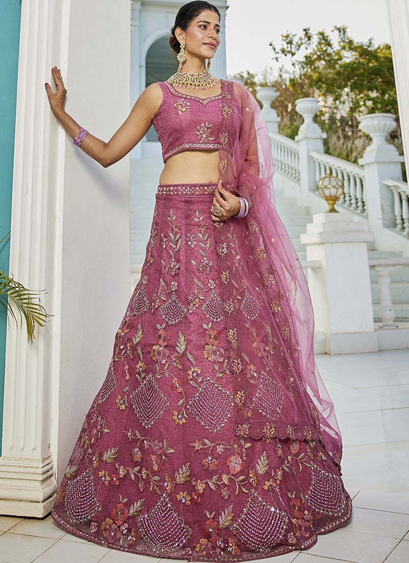 Classy Pink Net Zarkan Floral Embroidered Sequins With Stone Work Lehenga Wedding Wear