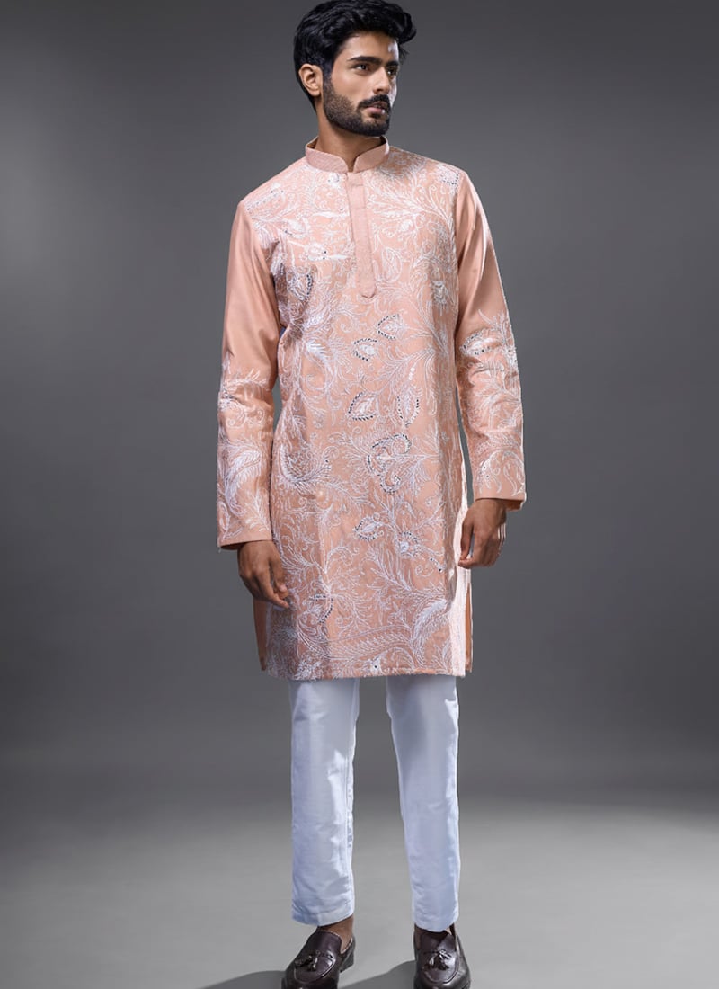 Classy Pink Silk Embroidered With Mirror Work Kurta Pyjama Festive Wear