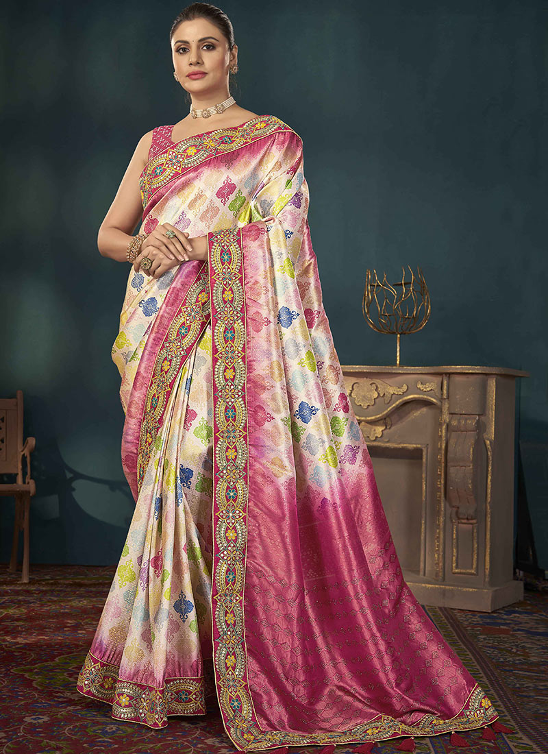 Pink and Multicolor Woven Silk Saree