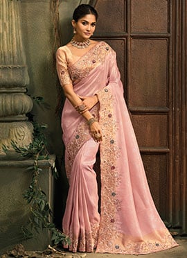 Classy Pink Silk Zari Moti Saree