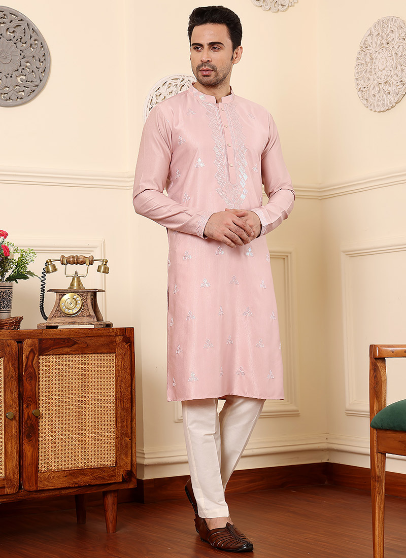 Classy Pink Viscose Silk Embroidered Kurta Pyjama Festive Wear