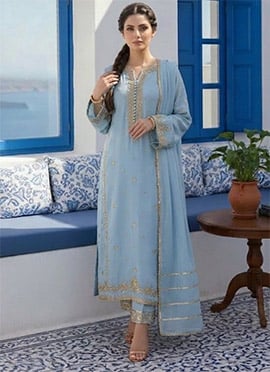 Classy Powder Blue Georgette Zari Sequins Straight Pant Suit