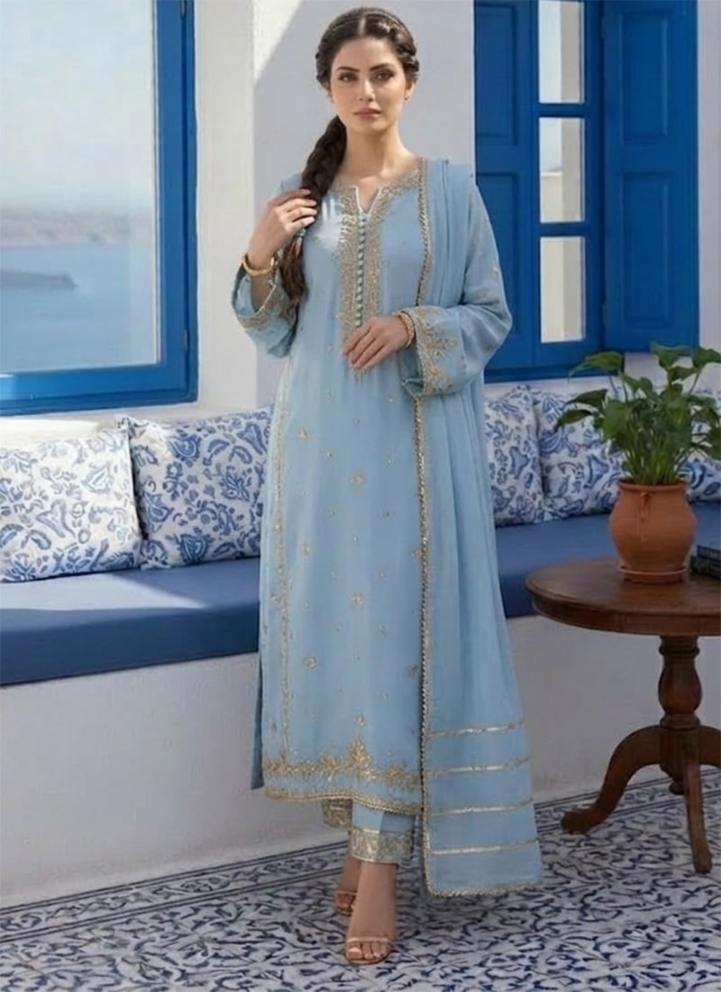 Classy Powder Blue Georgette Zari Sequins Straight Pant Suit Festive Wear