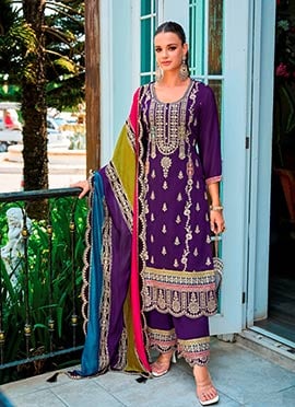 Classy Purple Chinon Zari Embroidered With Stone Sequins Pakistani Palazzo Suit