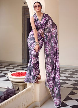 Classy Purple Georgette Floral Printed Pre Draped Saree