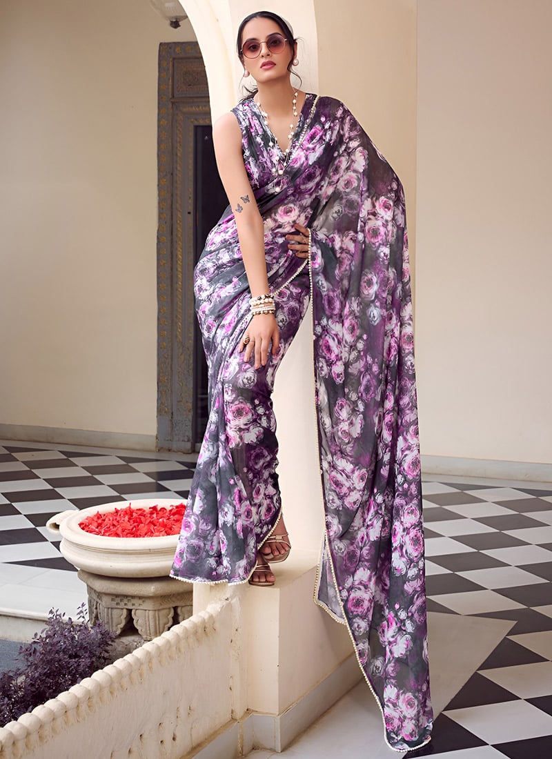 Classy Purple Georgette Floral Printed Pre Draped Saree After Six Wear