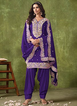 Classy Purple Roman Silk Embroidered Salwar Suit With Dupatta