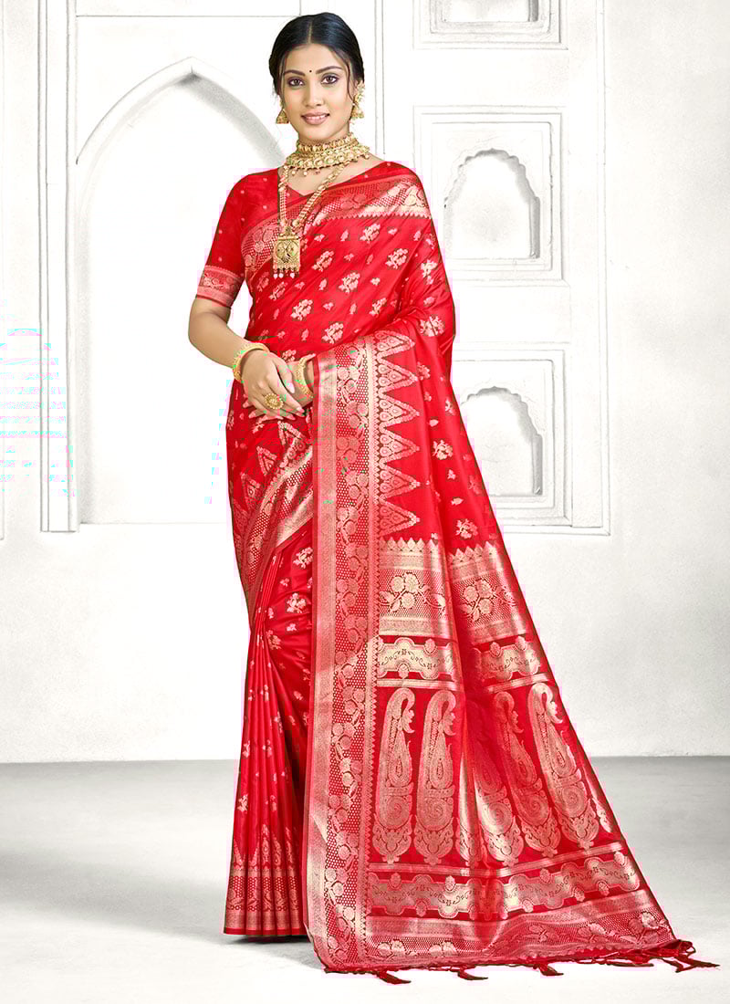 Classy Red Banarasi Silk Zari Woven Saree Festive Wear