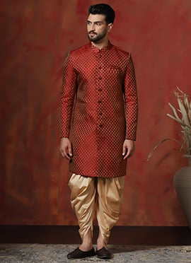 Classy Red Cotton Printed Indowestern Sherwani Set