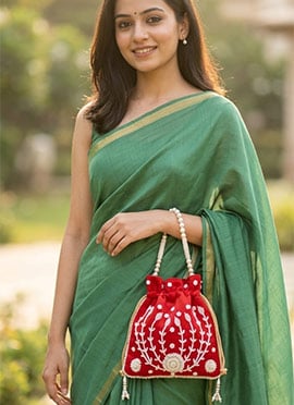 Classy Red Embroidered Potli Bag With Pearl Bead Work