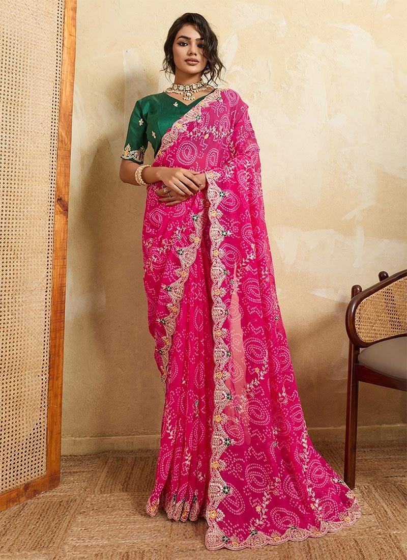 Classy Red Georgette Bandhej Print Embroidered Saree Festive Wear