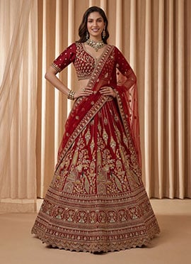 Classy Red Silk Lehenga Set With Peacock Dori Work And Zari Embroidery