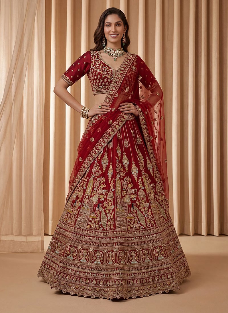 Classy Red Silk Lehenga Set With Peacock Dori Work And Zari Embroidery Wedding Wear