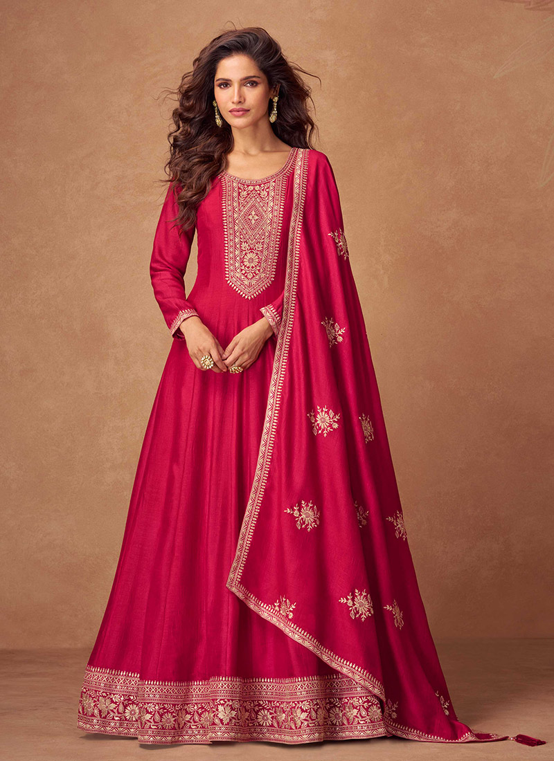 Classy Red Silk Zari Embroidered Sequins A Line Anarkali Suit Festive Wear