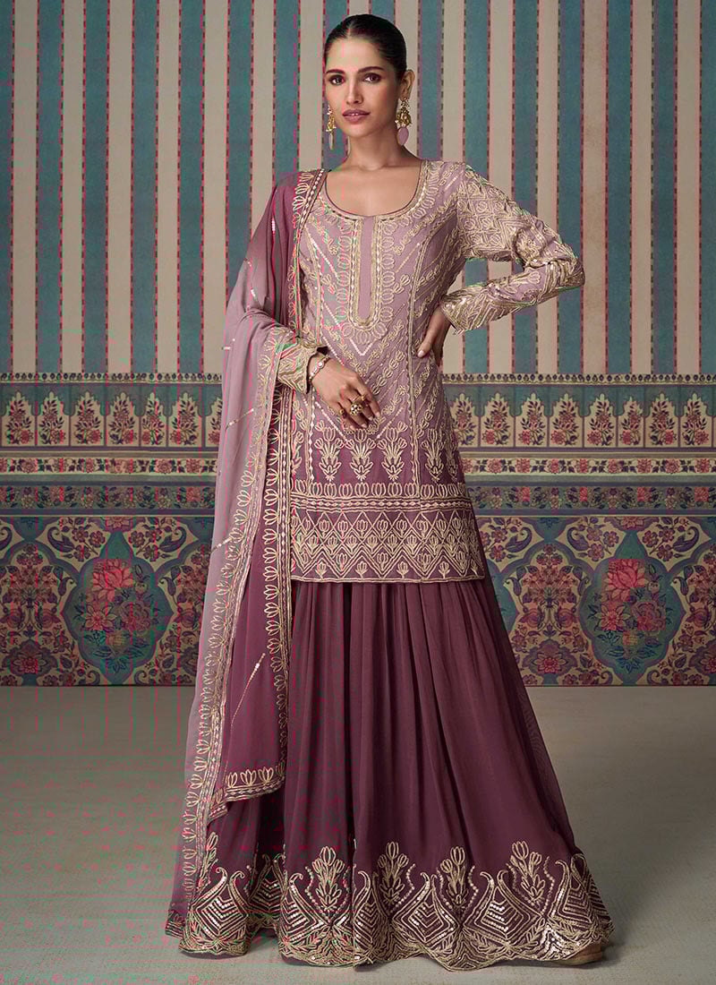 Classy Palazzo Suit In Mauve Faux Georgette Cord Work Sequins